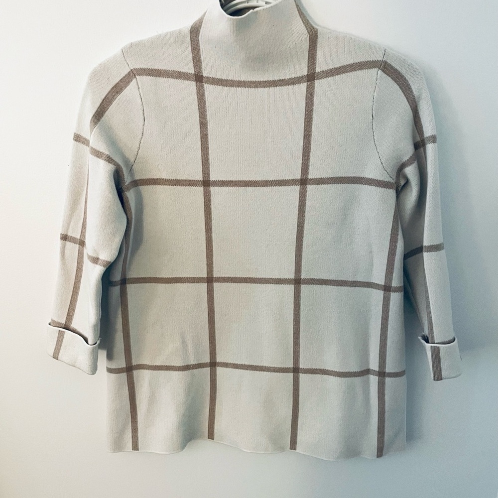 Tahari Cream and Tan Plaid Mock Neck Sweater